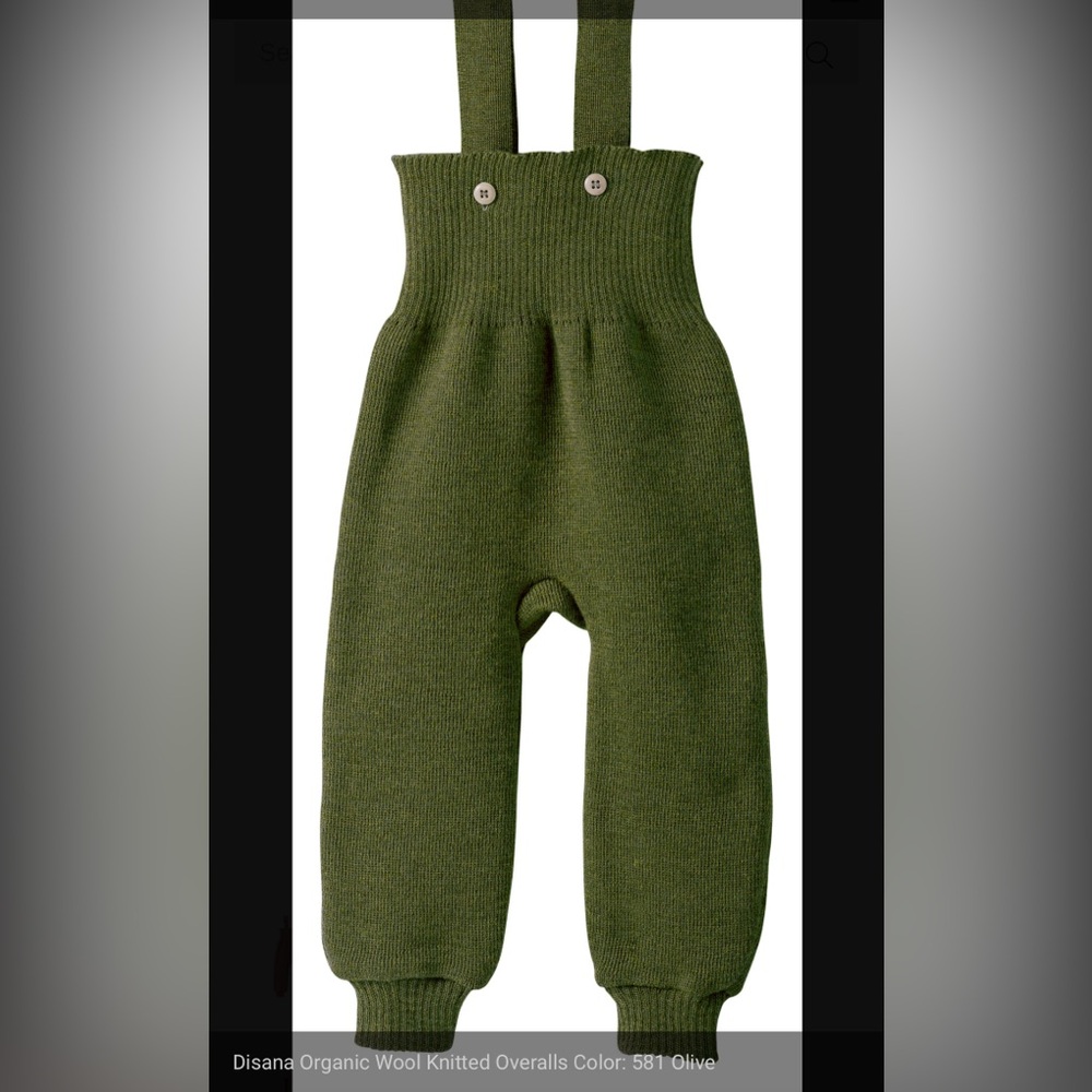 Disana Olive Green Overalls. 100% organic virgin Merino wool. Size 1-2 y/o.